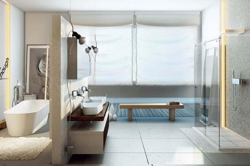 Hình ảnh nội thất phòng tắm 4m2 với bồn cầu treo tường, lavabo nhỏ gọn và cabin tắm kính